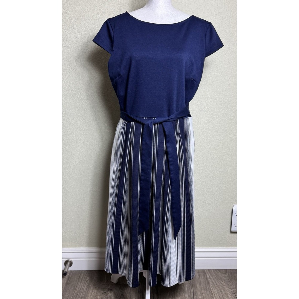 Navy Blue A-Line Midi Dress, Belted,  with Cap Sleeves